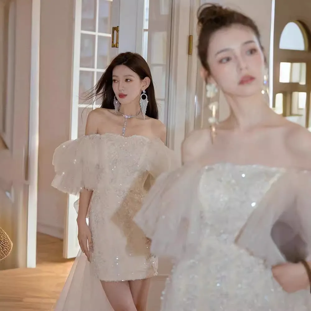 Diynav Dress 2024 New Pompous Fine Shiny Dress Heavy Industry Bubble Sleeve Birthday Dress Adult Dress