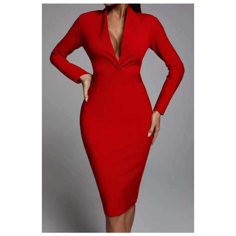 Diynav Deep V-Neck Fashion Trendy Long Sleeve Banded Dress With High-End Banquet Evening Dress