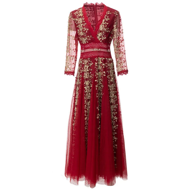 Diynav V-Neck Seven-Sleeve Embroidered Mesh Dress Dress Spring And Summer Women's New 2024