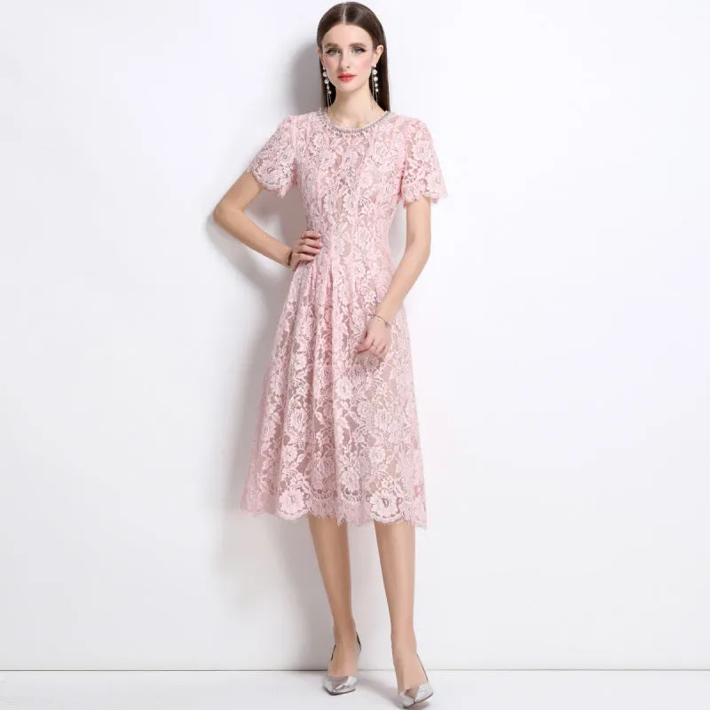 Diynav Summer New Pink Diamond Pearl Collar Short-Sleeved Lace Dress Femininity Long Dress