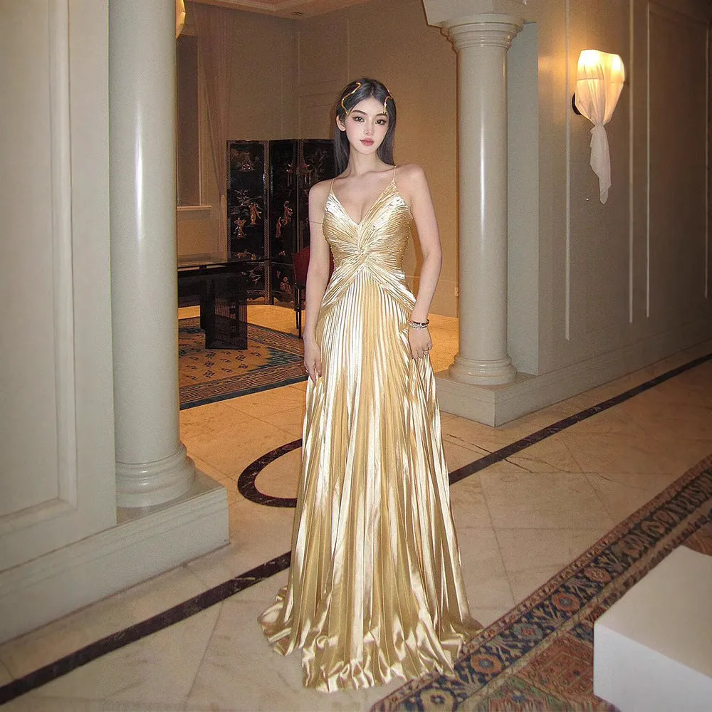 Diynav Dress Women's High-End Temperament Famous Lady Small Dress Thin Holiday Style Sexy Back Long Dress