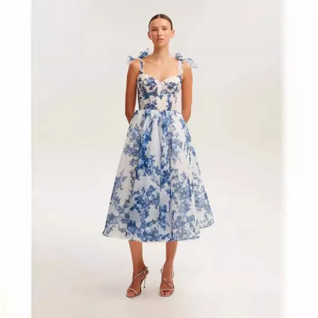 Diynav French Super Fairy Holiday Sling Belt Sleeveless Waist-Free Blue Printed Dress Body-Drag Skirt