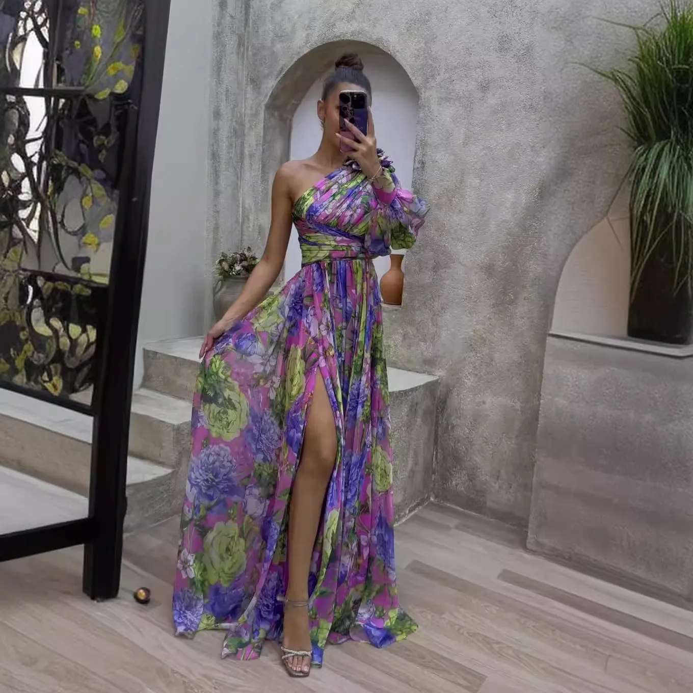 Diynav New Women's Sexy Slant Shoulder Shoulder Long Sleeves Crumped Floral Dress Dress High-End Big Smash Floral Dress