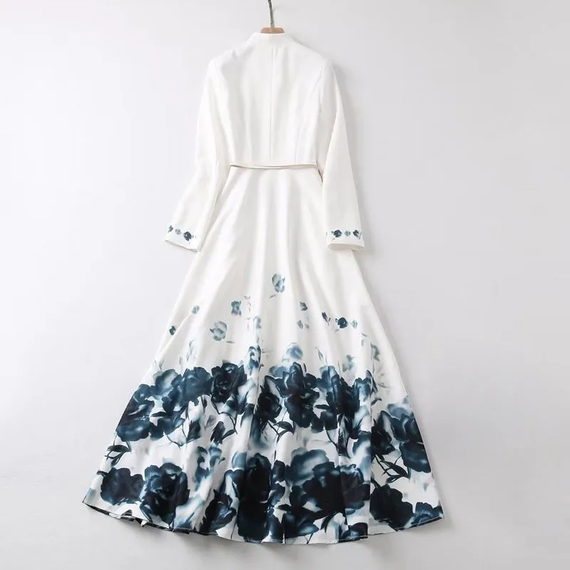 Diynav Long Sleeve Rendering Printed White Long Dress + Belt Women's New 2025