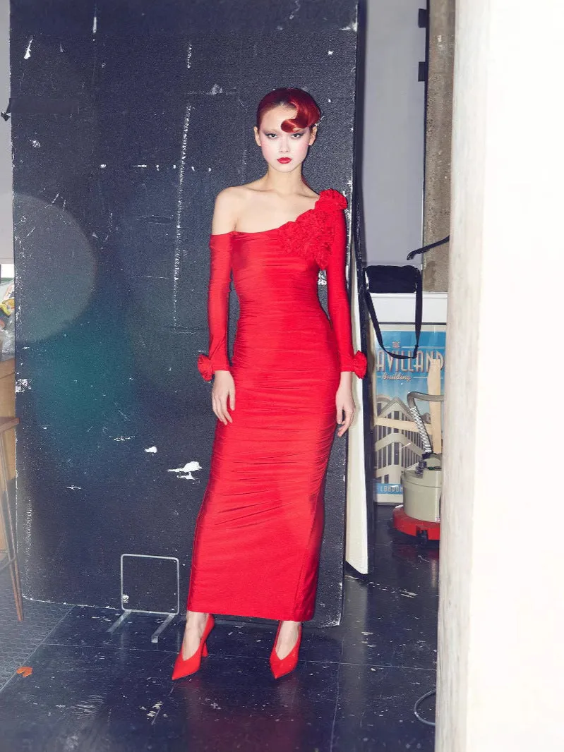 Diynav Women's Three-Dimensional Flower Design Folds Open Fork Solid Color Dress Dress