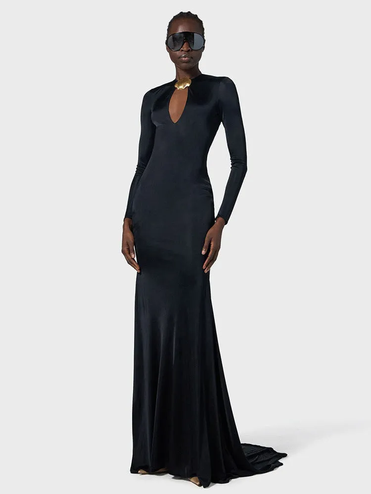 Diynav Women's Sexy V-Necked Long-Sleeved Banquet Evening Dress Dress Body-Dragging Skirt