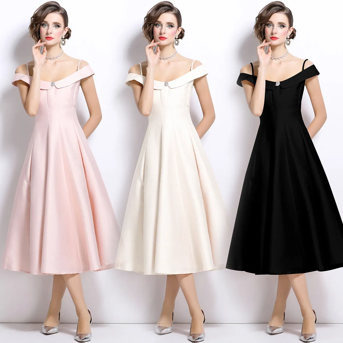 Diynav Temperament Gold And White Shoulder Sling Dress Female Senior Feeling Princess Waist Dress