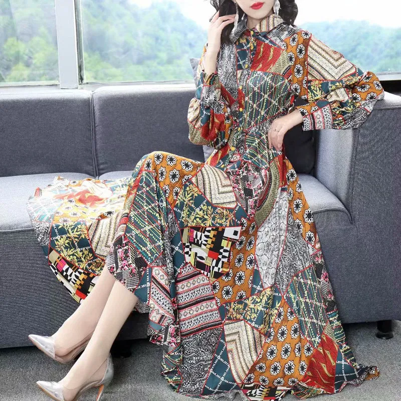 Diynav Long-Sleeved Beautiful Print Fashion Single Buckle Long Dress Retro Dress Spring And Autumn Women's Collar 2025