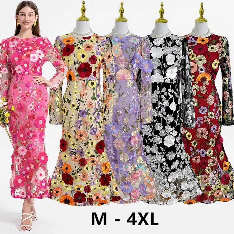 Diynav Spring And Summer New French Heavy Industry Mesh Three-Dimensional Flower Embroidery Perspective Spliced Waist Repair Dress Dress
