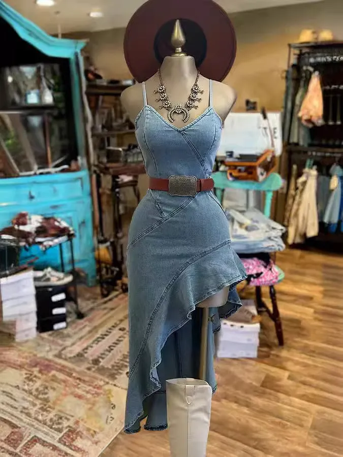 Diynav New Sling Gile High-Sclam High-Up To Repair The Fork With The Slanted Leaf Side Of The Denim Dress