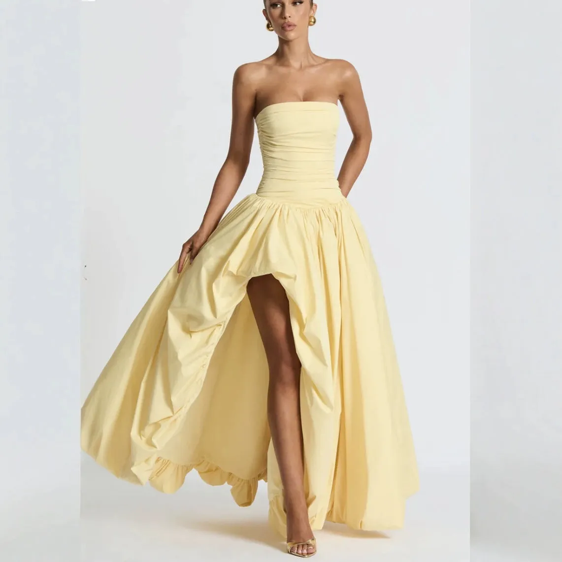 Diynav Summer New Women's Breast Open Fork With Solid Color Temperament Fashion Dress Dress Dress