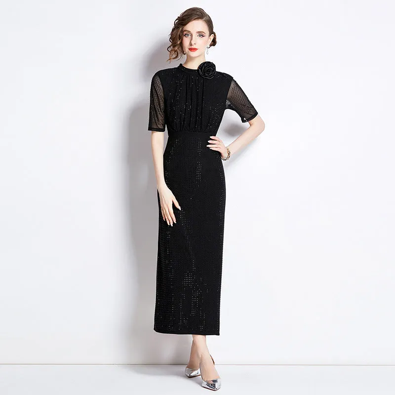 Diynav Industry Hot Diamond Net Yarn Designer Temperament Three-Dimensional Flower Standing Waist Thin Elegant Dress Dress