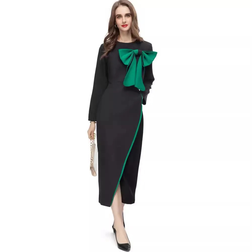 Diynav Collar Bud Bow Long Sleeve Sexy Open Fork Bag Cleni Pencil Mid-Long Dress Women's New Autumn And Winter 2024
