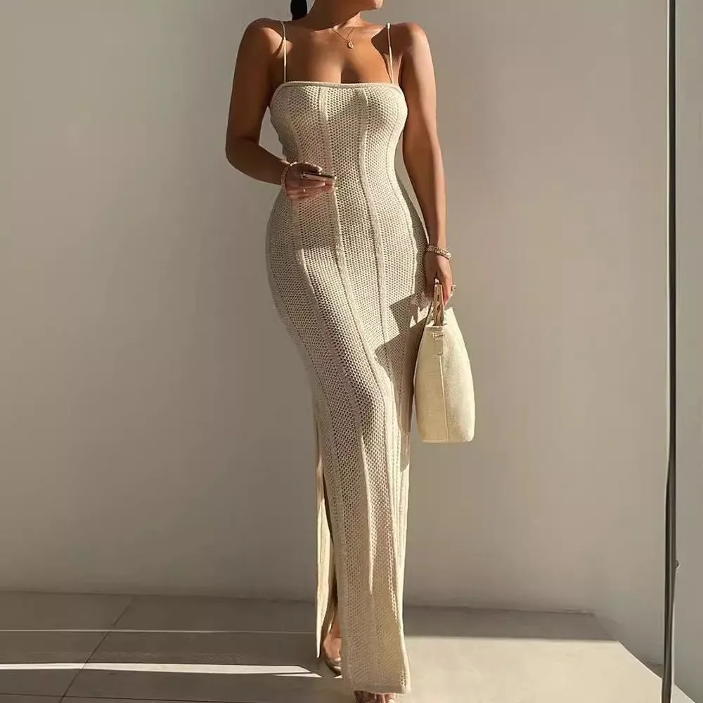 Diynav Spring And Summer New Knitted Sweater Dress Sexy Pure Hot Girl Bare Back Strapped Long Skirt