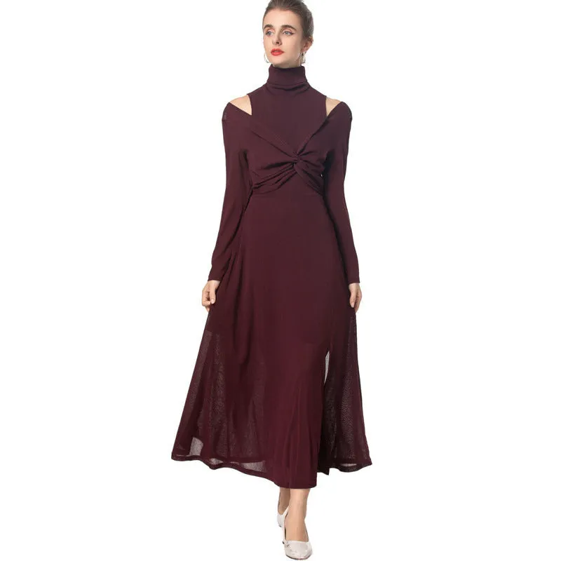 Diynav High-Collar Sexy Open Shoulder Long Sleeves Open Fork And Bottom Dress Women's New European 2025 Spring