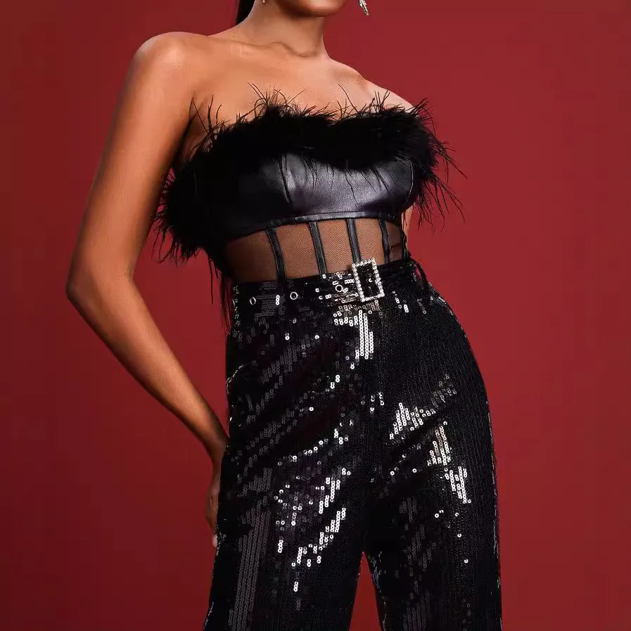 Diynav Black Squins Party Feather-Smeared Boobs Mesh Spliced Sexy Body-Repair Belt