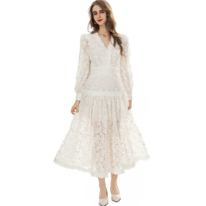 Diynav Industry Plate Flower Splicing Lantern Long Sleeve White Swing Dress Dress New Women's Autumn And Winter 2024