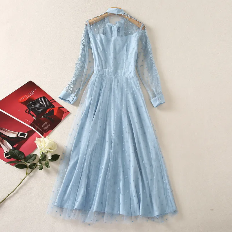 Diynav Long Sleeve Temperament Fashion Water-Soad Hook Flower Blue Dress 2025 Spring And Summer New Women's Clothing