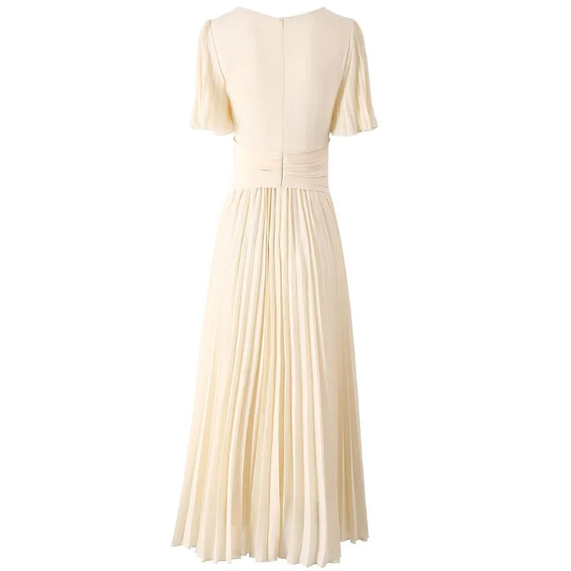 Diynav V-Neck Waist-Lined Bead Buckle With Chiffon Big Swing 100-Fold Long Dress Spring And Summer Women's Dress 2025