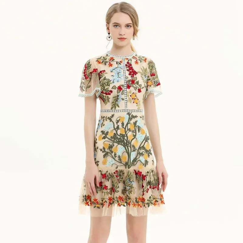 Diynav Summer New Women's Round-Neck Short-Sleeved Embroidered Fashion Dress