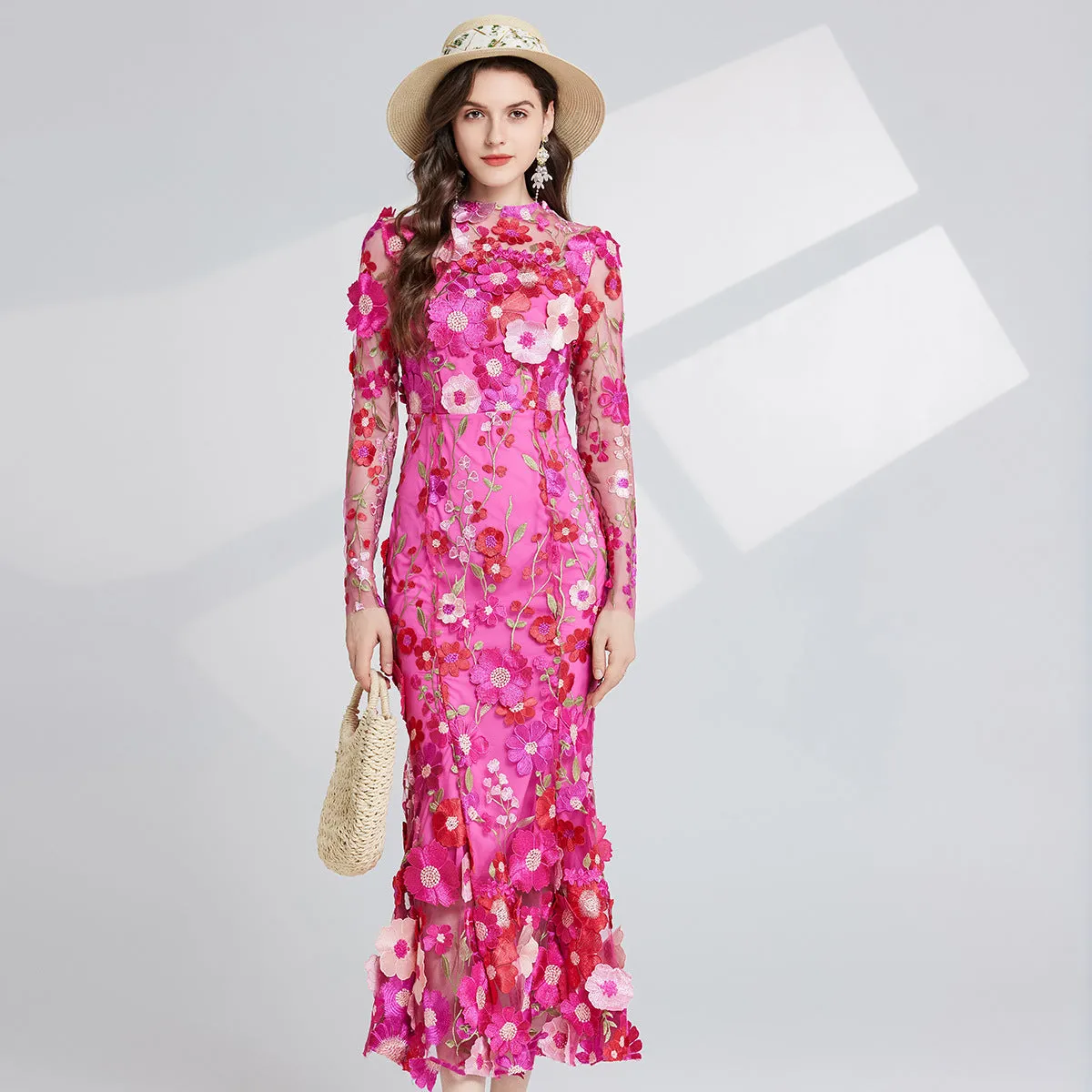 Diynav Light Luxury Heavy Industry Embroidery Three-Dimensional Flowers Waist Long Sleeve Dress