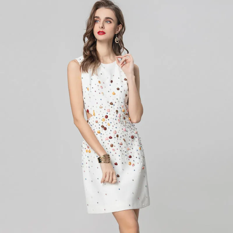 Diynav Industry Handmade Nails Sexy Bare Shoulder Collar Sleeveless White Short Dress Standing Summer Women's Dress 2025