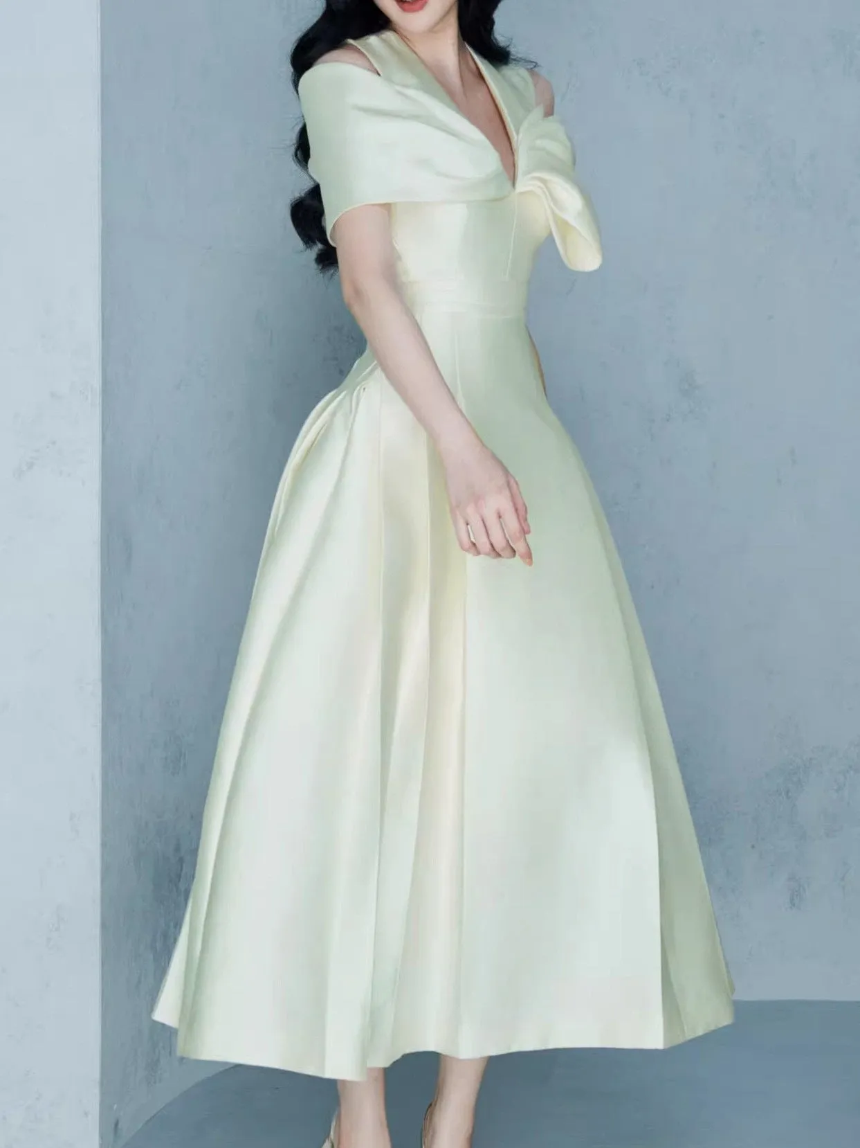 Diynav Niche Design Shoulder Bow Design Feel Dress To The Waist Of The Thin Swing Dress 100-Fold Dress Dress