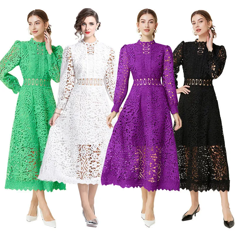 Diynav Elegant Lace Dress Autumn 2024 New Bubble Sleeve Long Sleeve Embroidered Dress Dress Woman