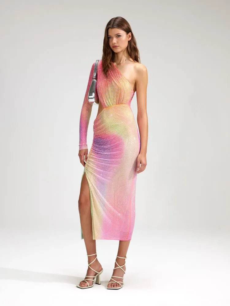 Diynav Women's Sexy Oblique Shoulder-Luff Color Dress High-End Temperament Open-Fork Dress Dress With Hip Skirt