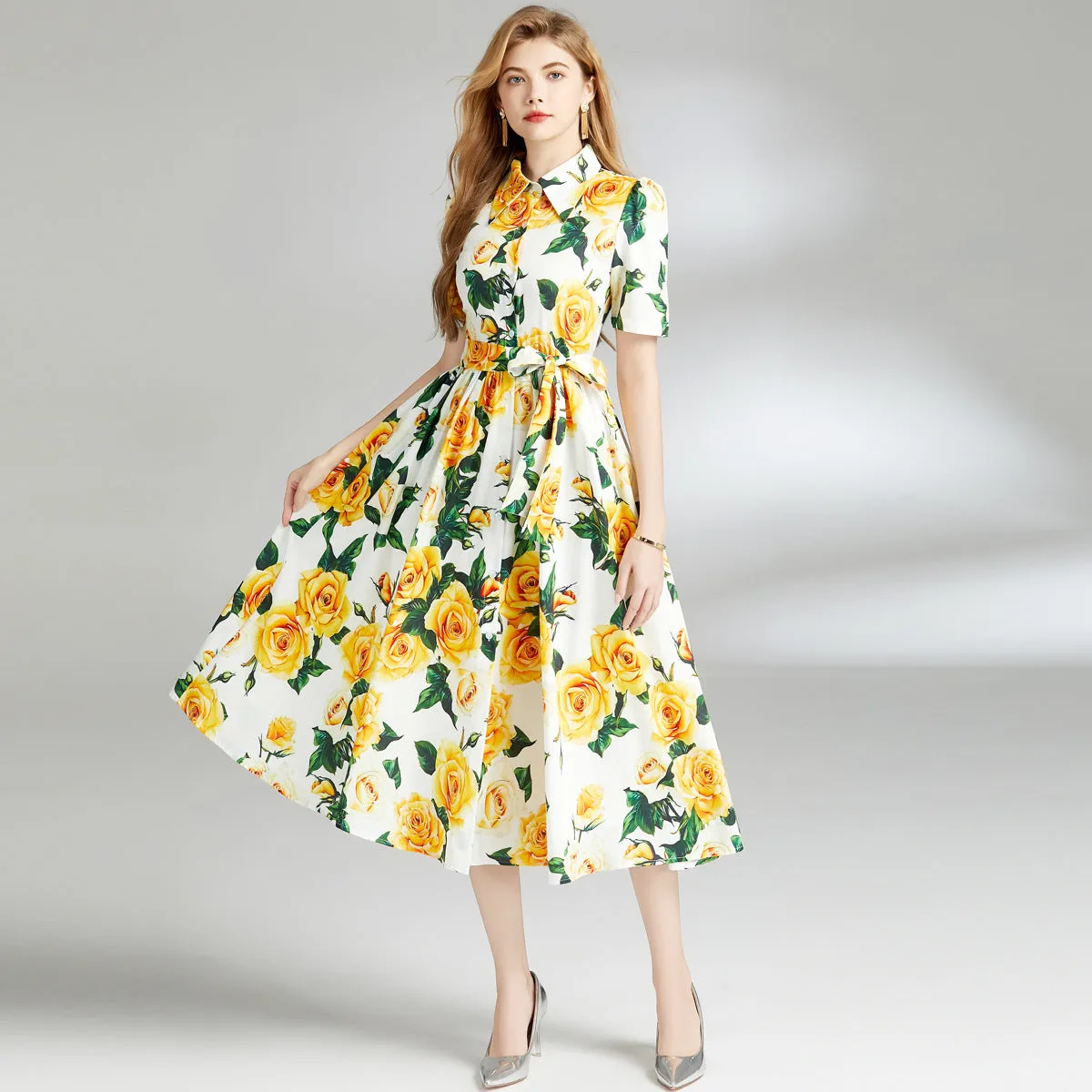 Diynav Print Dress 2025 Summer New Lapel Belt Repair Over Knee Skirt Yellow Dress