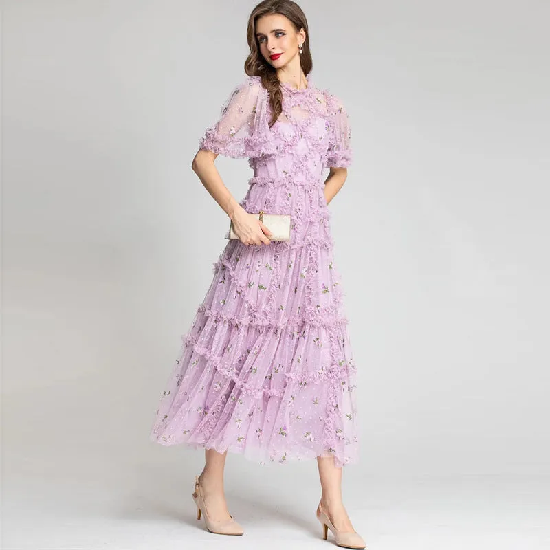 Diynav Collar Three-Dimensional Heavy Industry Embroidered Lotus Leaves Side Purple Dress Dress 2024 Summer New Women's Dress