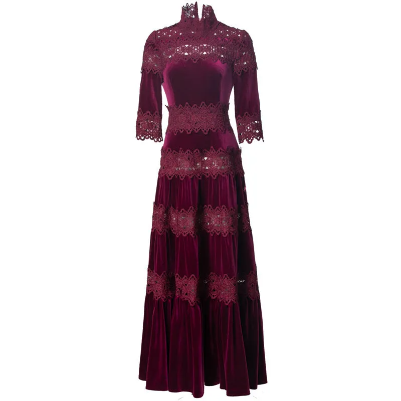 Diynav Industry Collared Back-Wive Dress Water-Soluble Hooks Hollow Velvet Dress Women's Spring And Summer 2025