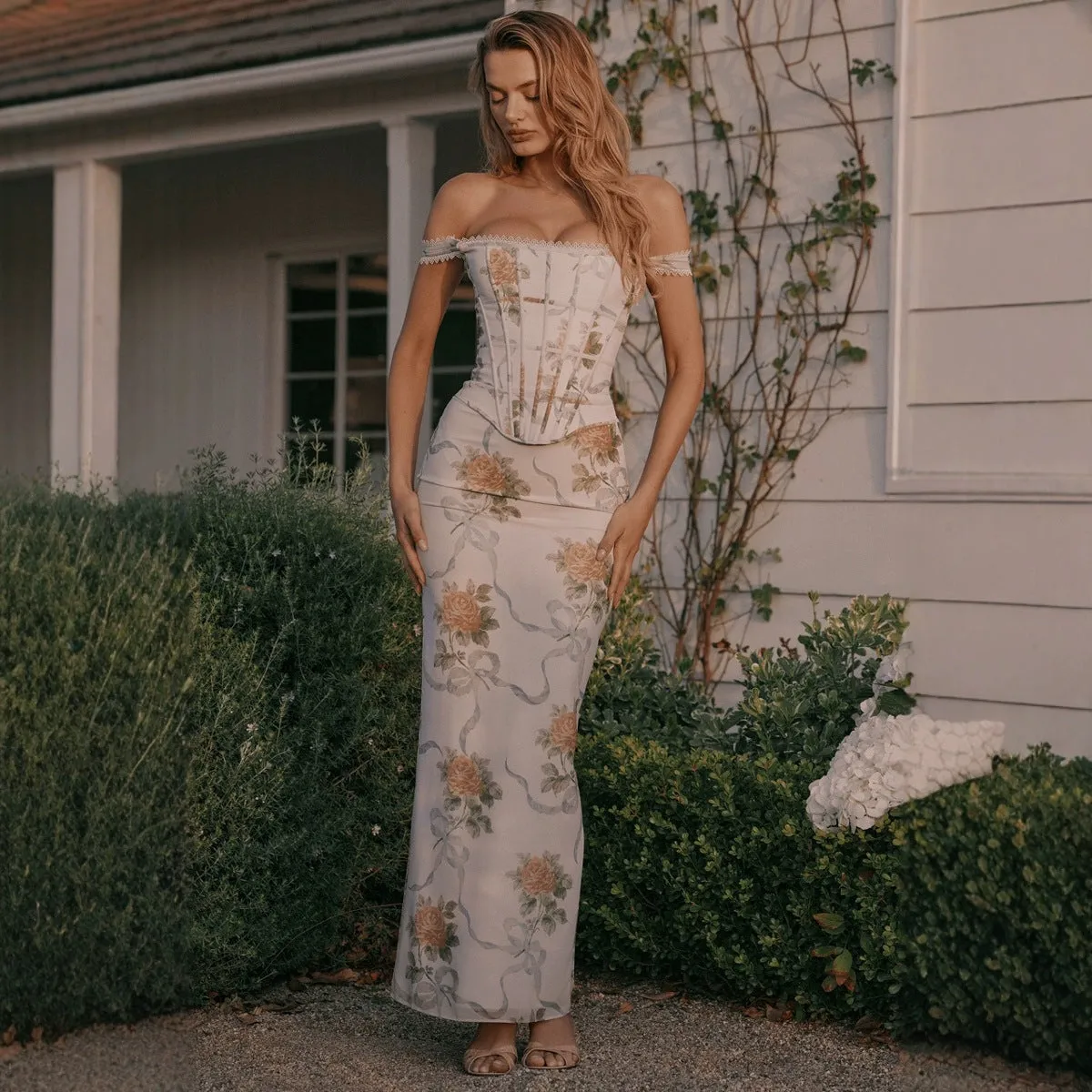 Diynav Famous Temperament Retro Oil Painting Plant-Print Set Ass Dress