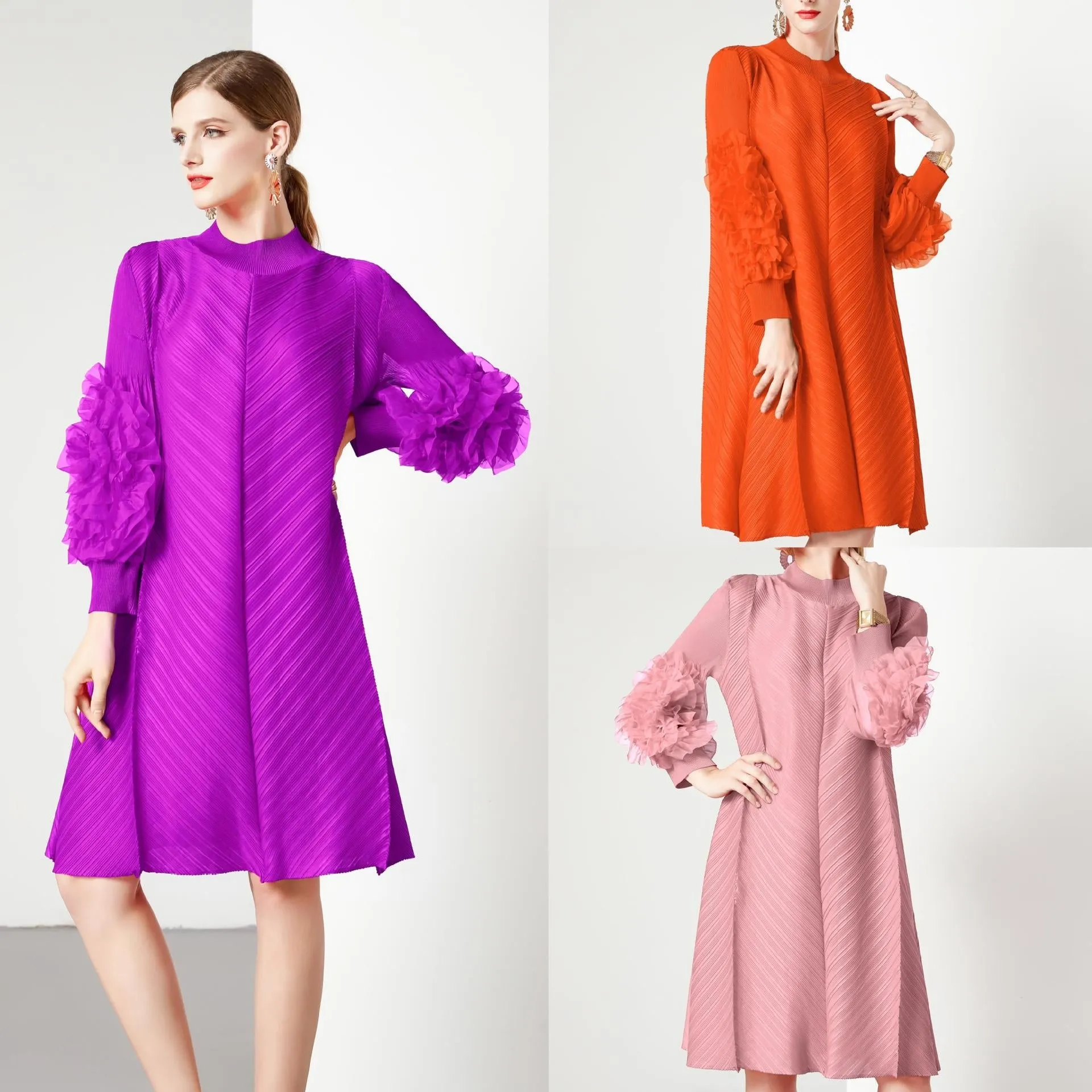 Diynav Design Feeling Flower Sleeve Dress Women's New Spring And Autumn Folds Large Size Loose Mother Dress Long