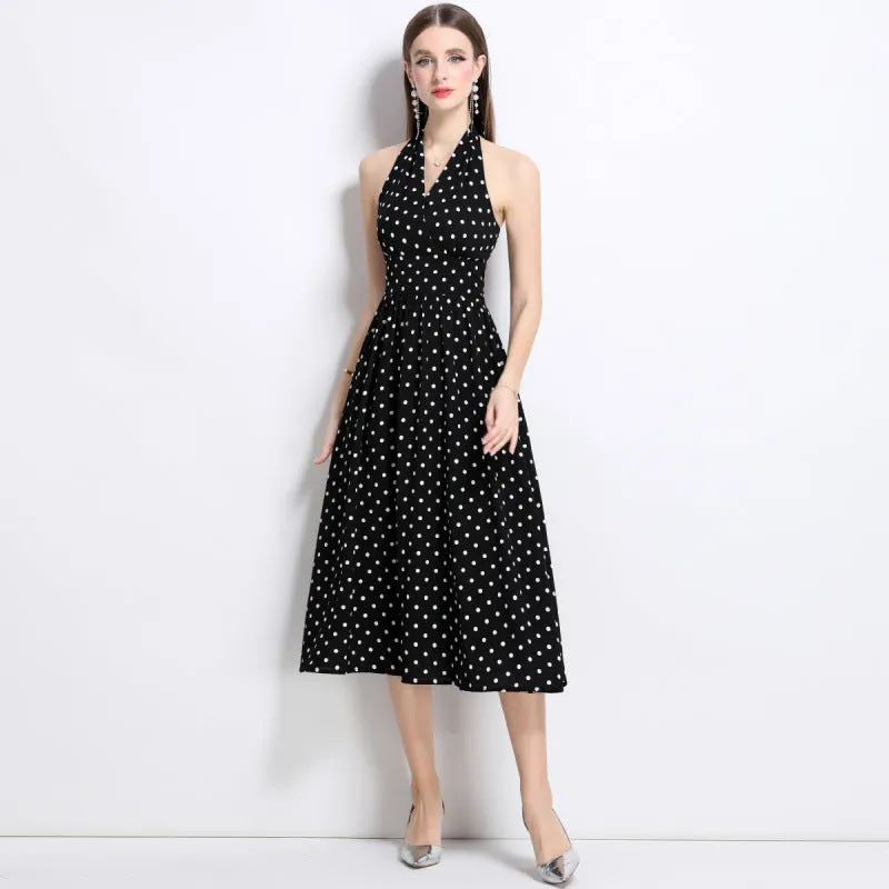 Diynav Retro Sleeveless Dress Wave Point Small Bare Back V Collar Hanging Neck Tea Break Skirt Hong Kong Wind Girl Summer 2025