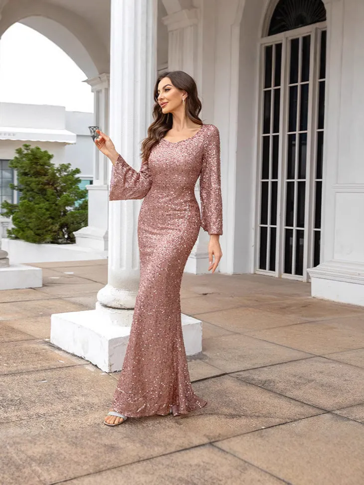 Diynav New Fashion V-Necked Hips Brighten Dress Mid-Waisted Horn Sleeve Long Evening Dress