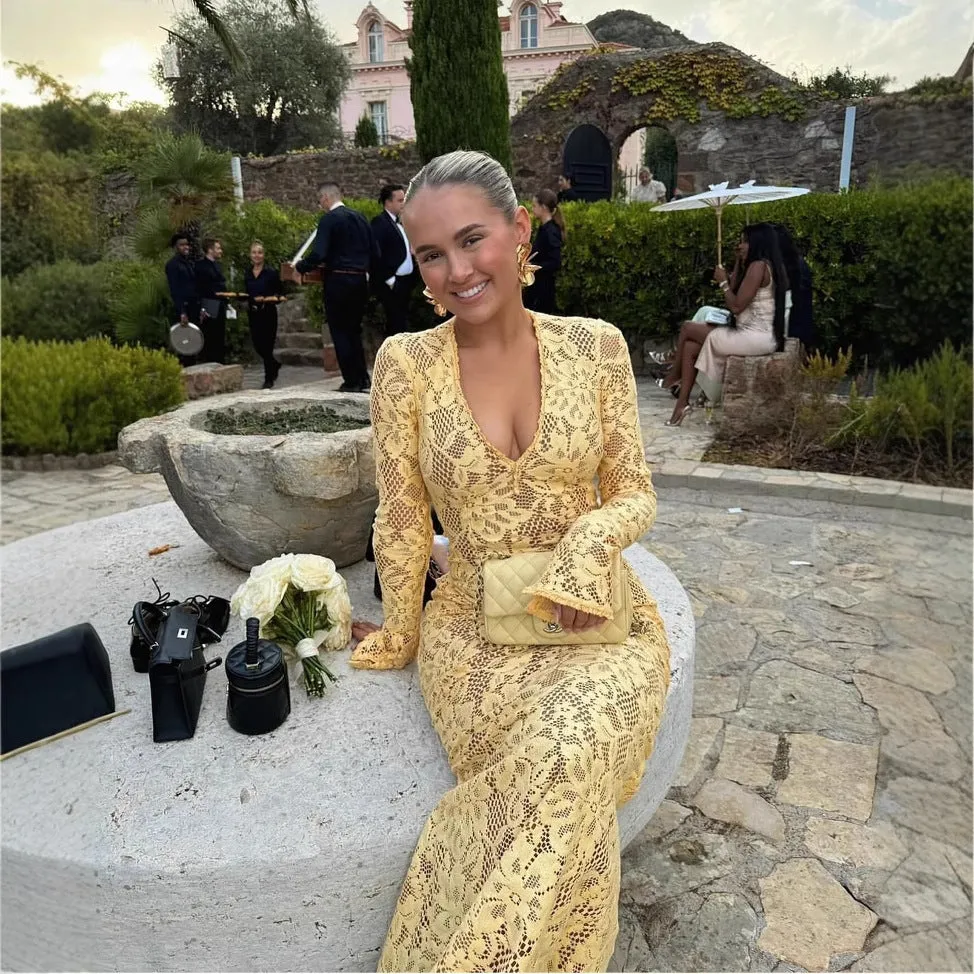 Diynav Women's New Deep V Long-Sleeved Netted Hollow Fishtail Skirt