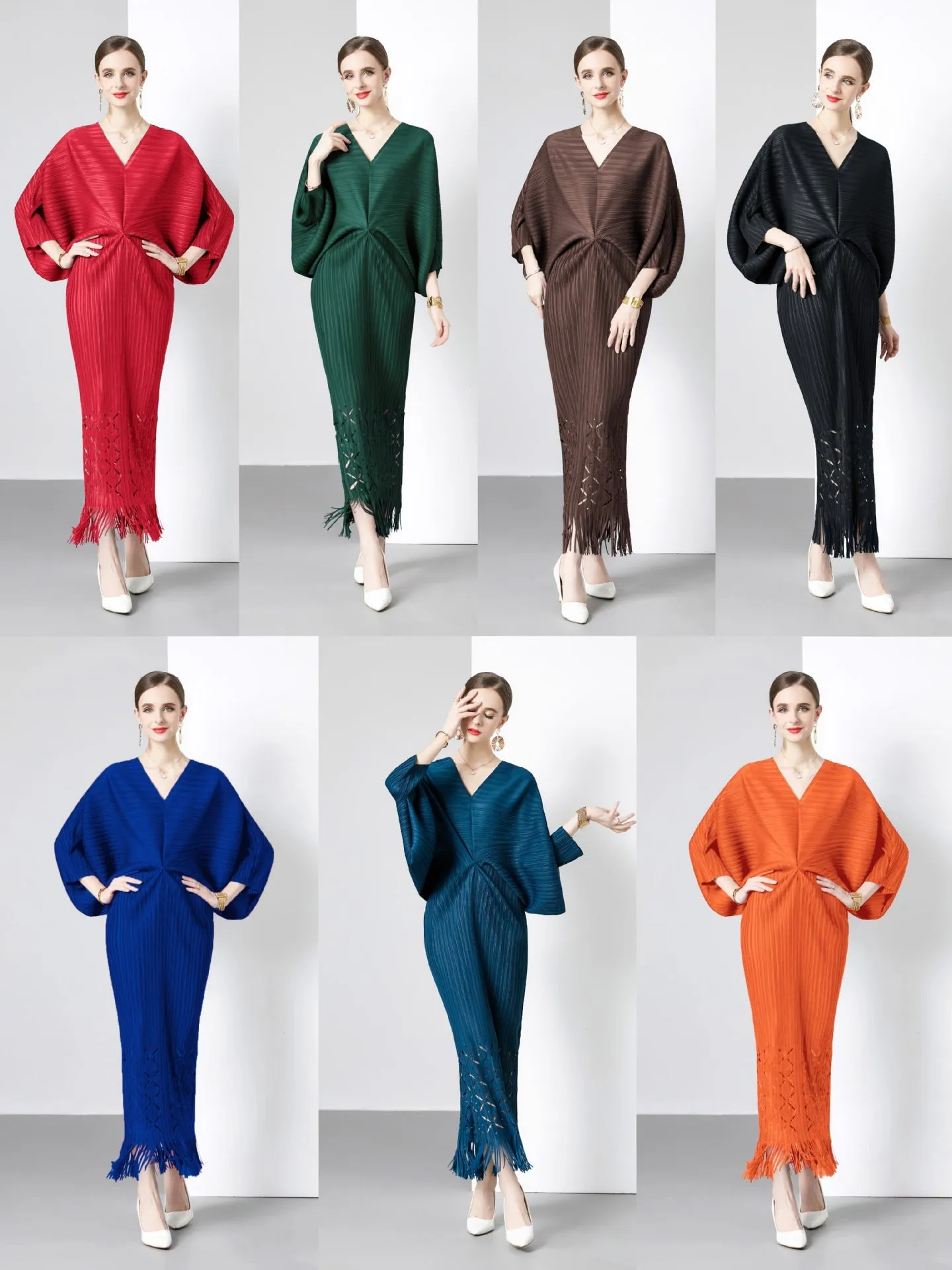 Diynav Dress 2025 Summer New Temperament Relaxed Bat Sleeve V Collar Thin Fish Tail Folded Long Dress