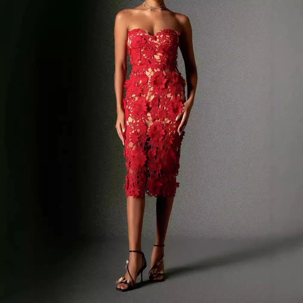 Diynav New Female-Sense Summer Breast-Wear Lace Banquet Women's Long Evening Dress Dress