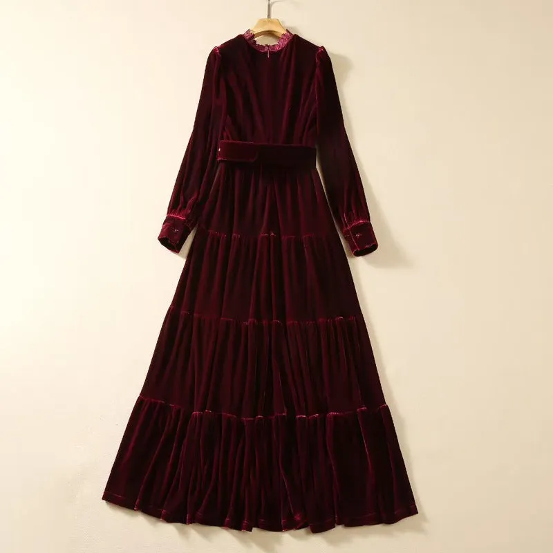 Diynav Hollow Embroidered Long-Sleeved Wine Red Velvet Princess Dress Dress Autumn And Winter Women's Dress New 2025