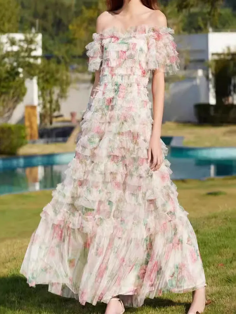 Diynav Thousand Gold Wind Heavy Industry Layer Folding Net Yarn Ear Cake Dress Color Print Waist Elastic Dress