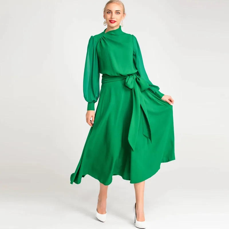 Diynav Spring And Summer Women's New Sexy Irregular Collar Long Sleeves Long-Sleeved Puffy Green Dress Dress Dress