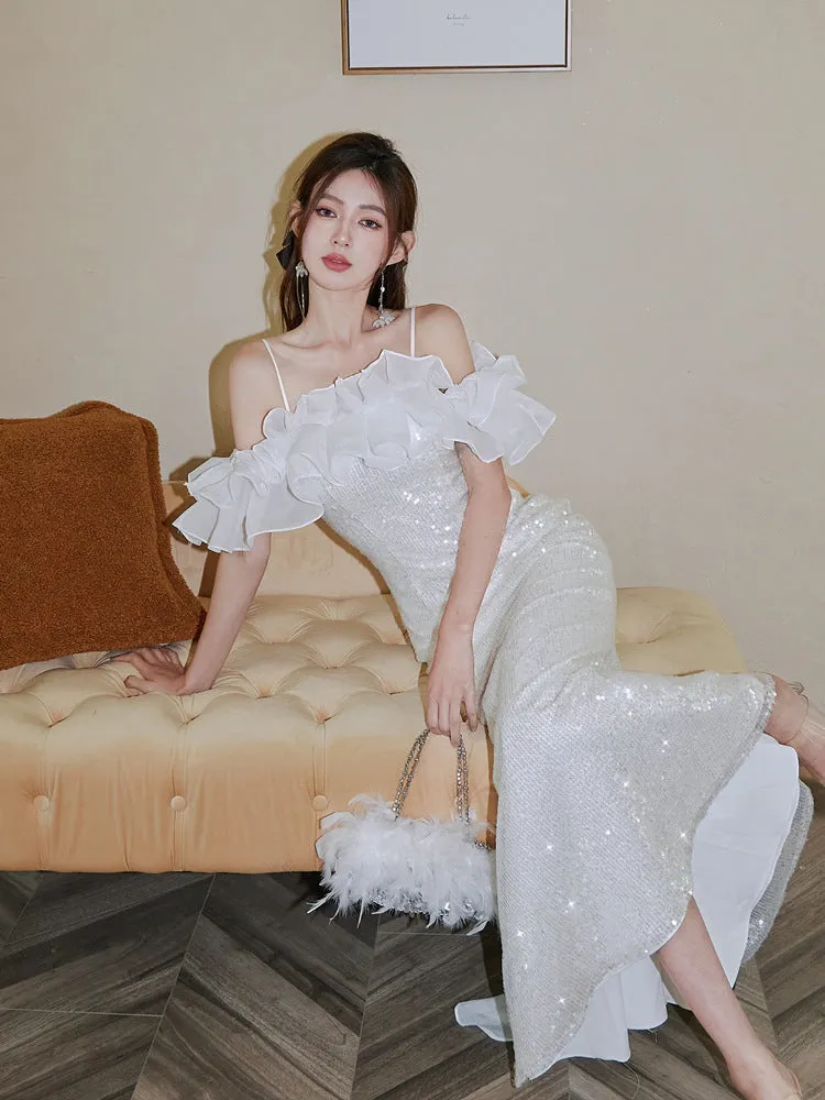 Diynav Dress 2024 New Fine Shiny Piece Shoulder Dress Fishtail Dress Three-Dimensional Lotus Bra Little Dress