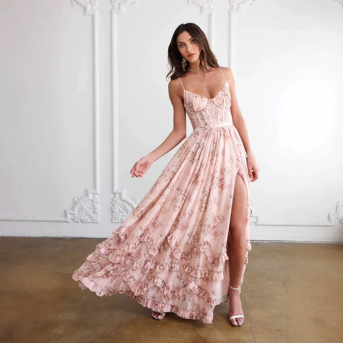 Diynav Vacation Beautiful Unique Pink Sling Dress Super Good-Looking Temperament Long Dress Women's New Summer