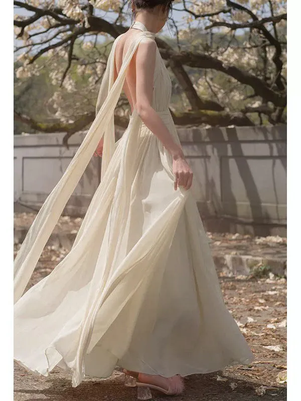 Diynav Apricot Chiffon Sleeveless Back Dress High Sense Gentle Chic And Flowing Holiday Dress