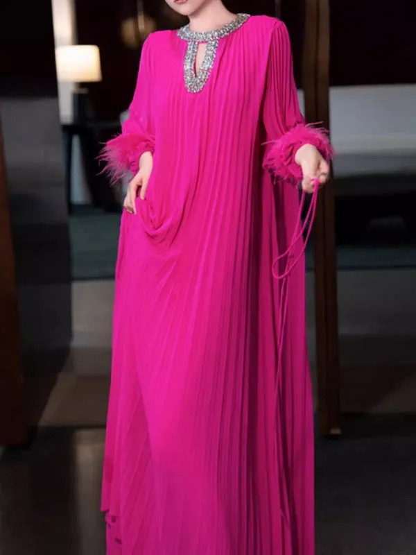 Diynav Elegant Spring And Autumn New High-Grade Feeling Hundred Folding Long Skirt Ostrich Hair Loose Black Thin Dress Woman