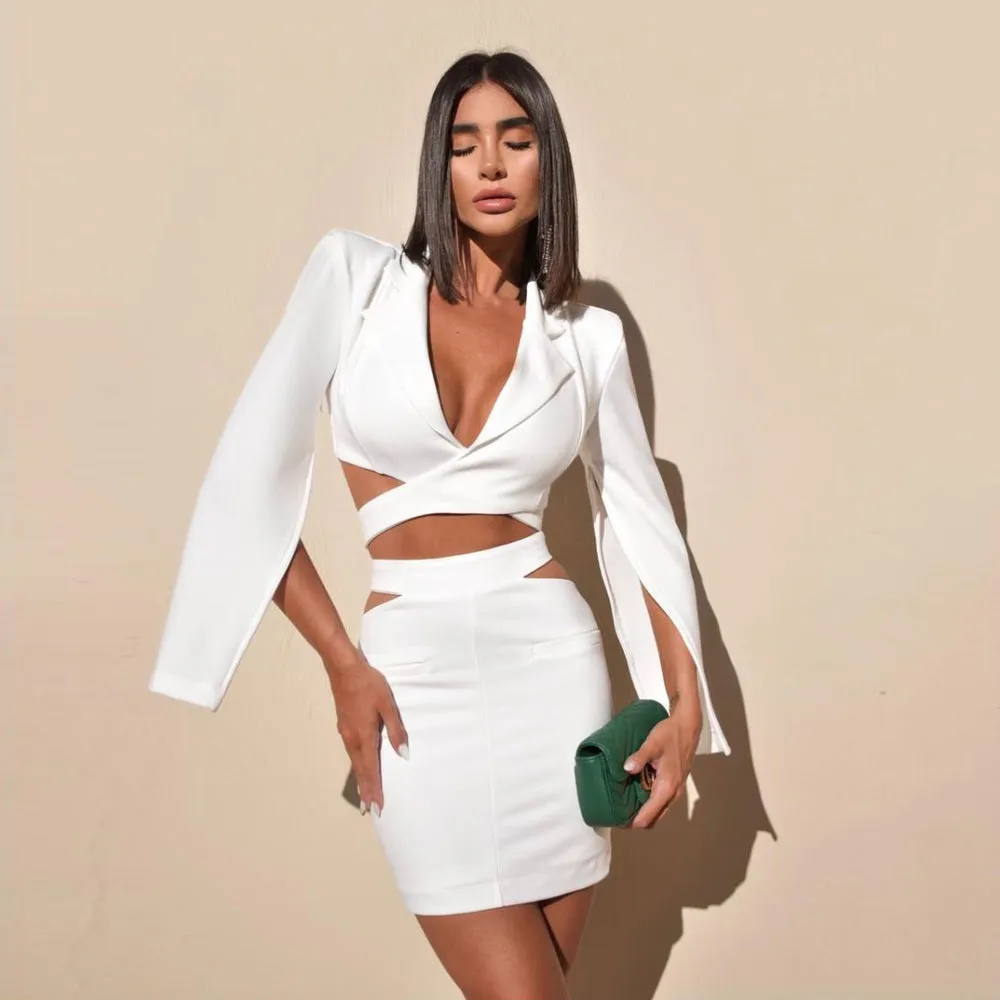 Diynav Women's Sexy Ass Dress Female White High-End Temperament Long-Sleeved Small Suit Dress Skirt