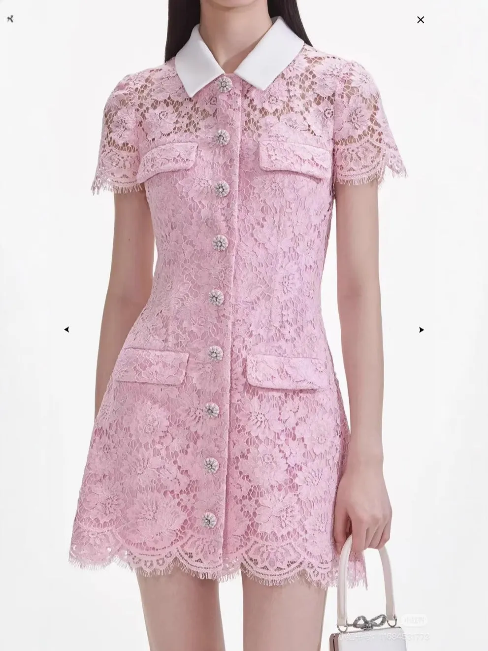 Diynav Pink Design Collar Lace Hollow Single Buckle Short Dress Spring And Summer New