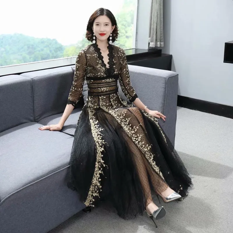 Diynav V-Neck Heavy Industry Embroidery Mesh Perspective Big Swing Dress Black Dress Women Spring And Summer 2024