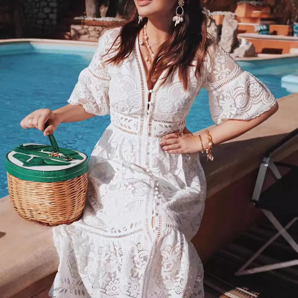 Diynav 2024 Summer Women's V-Neck Short-Sleeved Lace Sleeves Single-Drace Dress